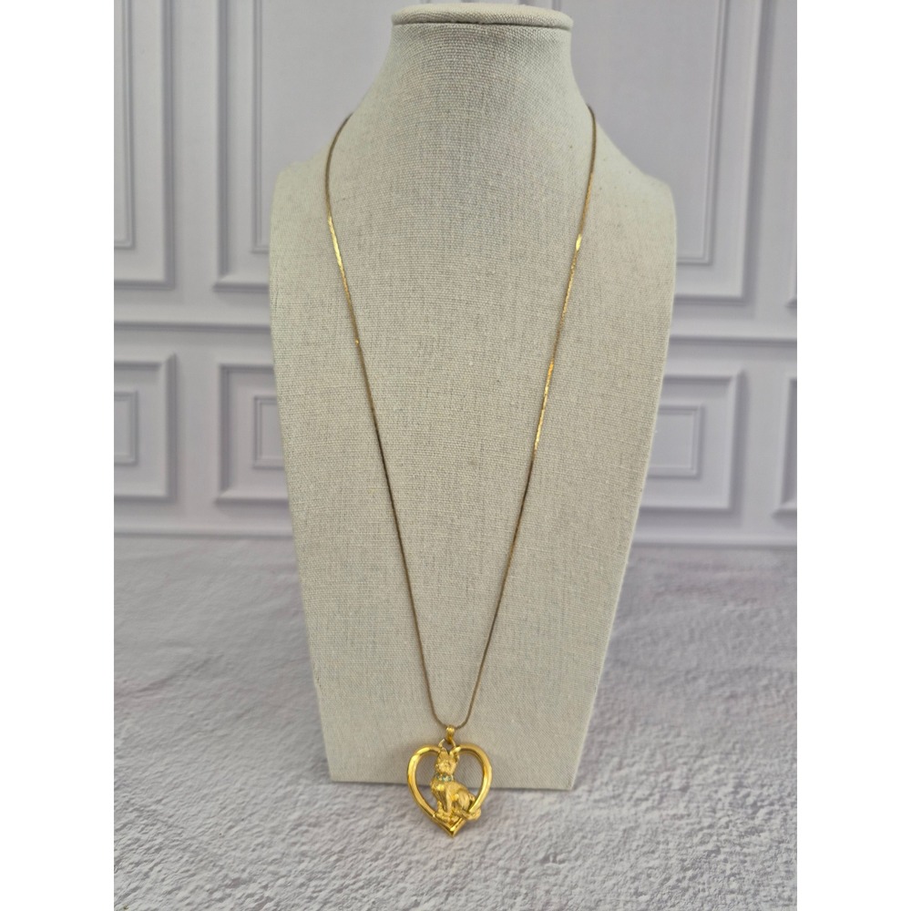 Avon Vintage Gold Tone Heart Cat Pendant Necklace Rhinestone Collar 24 Inch